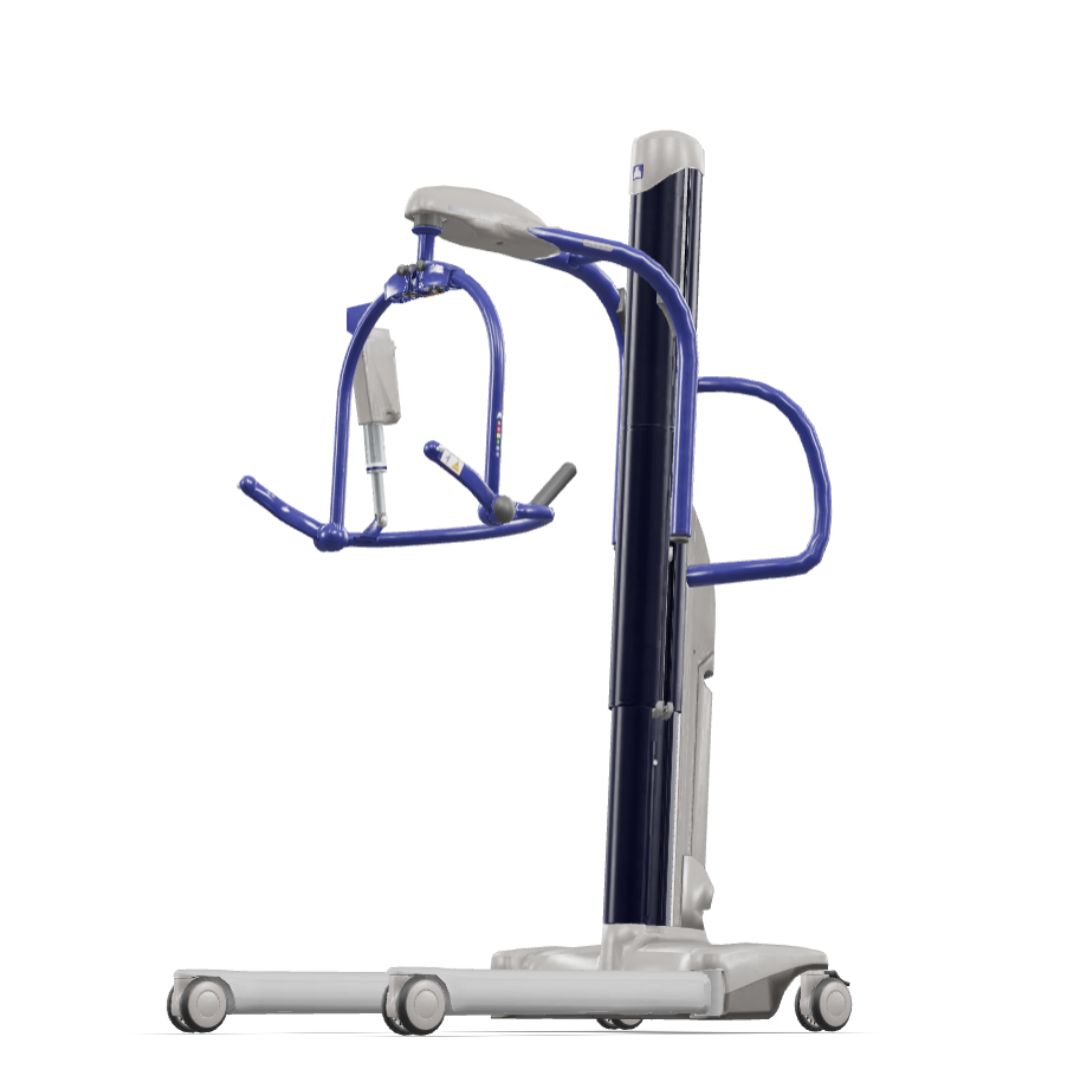 The ARJO Maxi Move Electric Floor Lifter & All-Purpose Patient Lift is a blue and gray wheeled lift for transferring patients with limited mobility, featuring support handles, a lifting arm, and powered dynamic positioning.